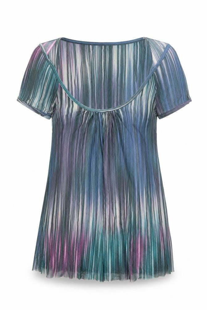 Front view of Sweet Pea women’s multicoloured geometric nylon basic t-shirt, size M, round neck
