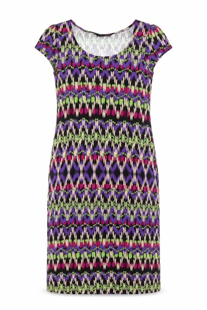 Front view of Wallis women’s multicoloured geometric polyester t-shirt dress, size S, round neck pullover