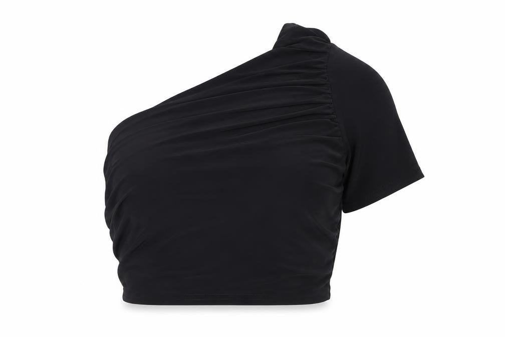 Front view of Missguided women’s black polyester cropped tank, size UK 12, one shoulder