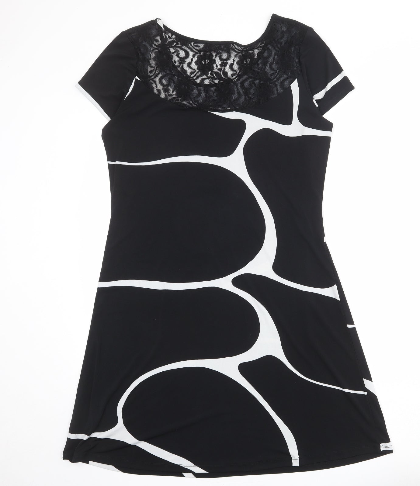 Klass Womens Black Geometric Polyester A-Line Size 14 Round Neck Pullover - Lace Details