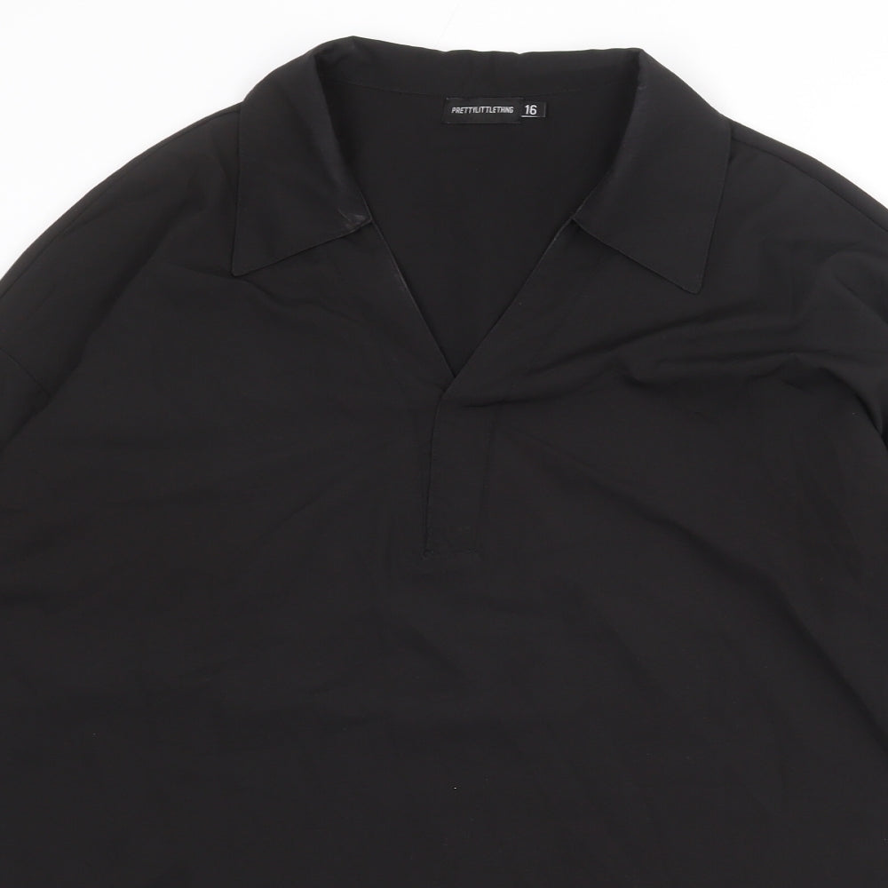 PRETTYLITTLETHING Womens Black Polyester Shirt Dress Size 16 Collared Button