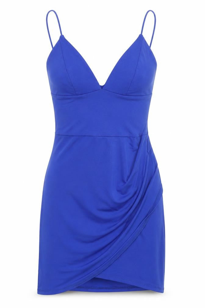 Front view of First Distraction women’s blue polyester mini, size UK 6, v-neck
