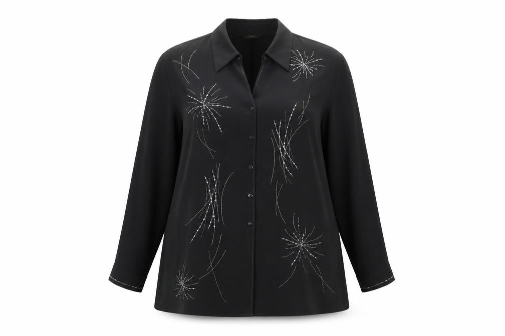 Front view of St Michael women’s black geometric polyester basic button-up, size UK 18, collared - embellished
