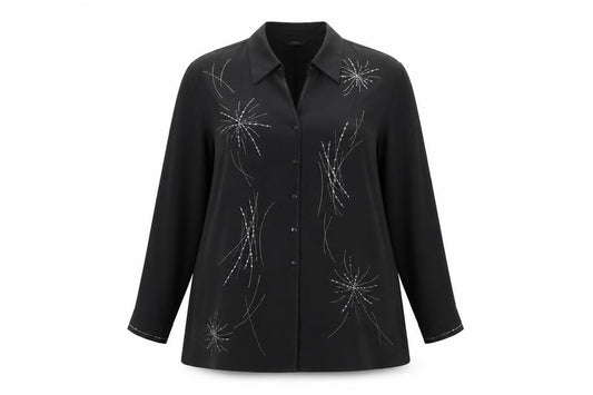 Front view of St Michael women’s black geometric polyester basic button-up, size UK 18, collared - embellished