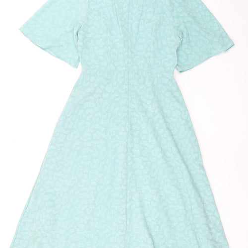 Marks and Spencer Womens Green Animal Print Polyester A-Line Size 10 Round Neck Zip - Ruched Detail