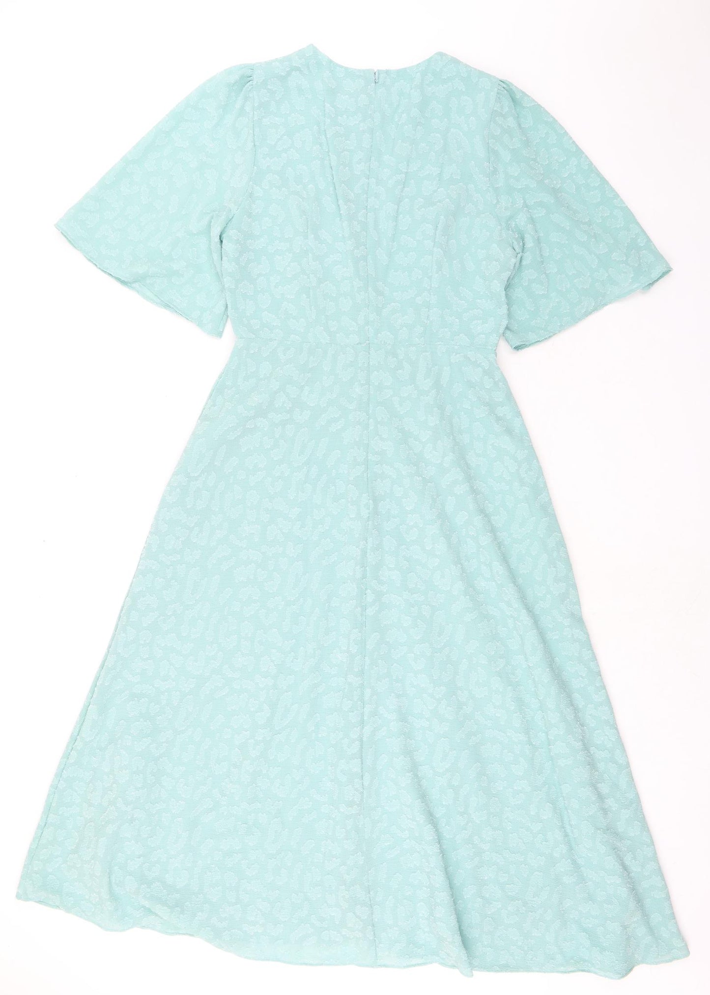 Marks and Spencer Womens Green Animal Print Polyester A-Line Size 10 Round Neck Zip - Ruched Detail
