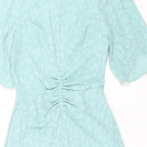 Marks and Spencer Womens Green Animal Print Polyester A-Line Size 10 Round Neck Zip - Ruched Detail