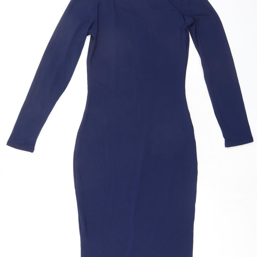 Vestidos Womens Blue Polyester Bodycon Size M Round Neck Pullover - Lace Up Back Detail