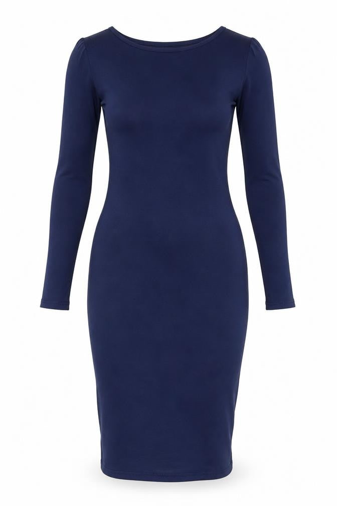 Front view of Vestidos women’s blue polyester bodycon, size M, round neck pullover - lace up back detail