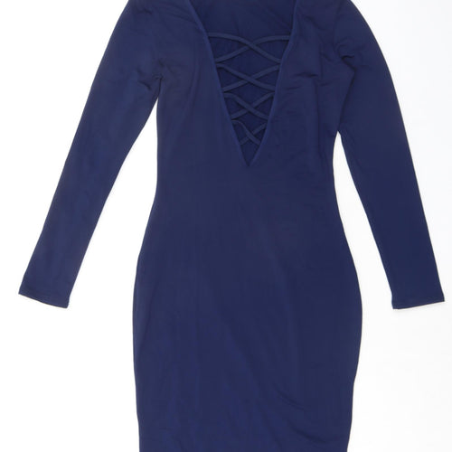 Vestidos Womens Blue Polyester Bodycon Size M Round Neck Pullover - Lace Up Back Detail