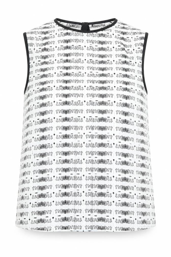 Front view of Warehouse women’s white geometric polyester basic blouse, size UK 10, round neck