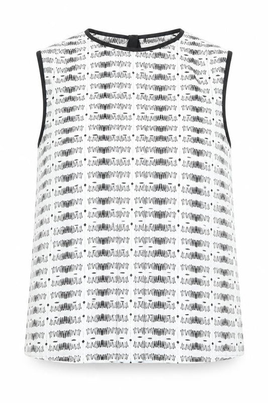 Front view of Warehouse women’s white geometric polyester basic blouse, size UK 10, round neck