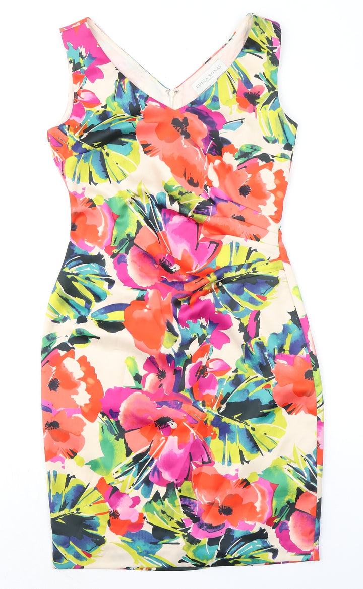 Edina Ronay Womens Multicoloured Floral Polyester Pencil Dress Size 10 V-Neck Zip