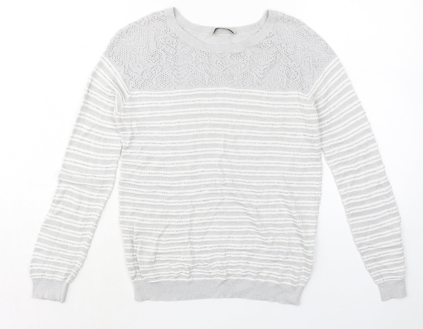 Oasis Womens Grey Round Neck Striped Viscose Pullover Jumper Size M