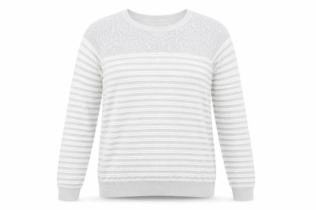 Front view of Oasis women’s grey round neck striped viscose jumper, size M