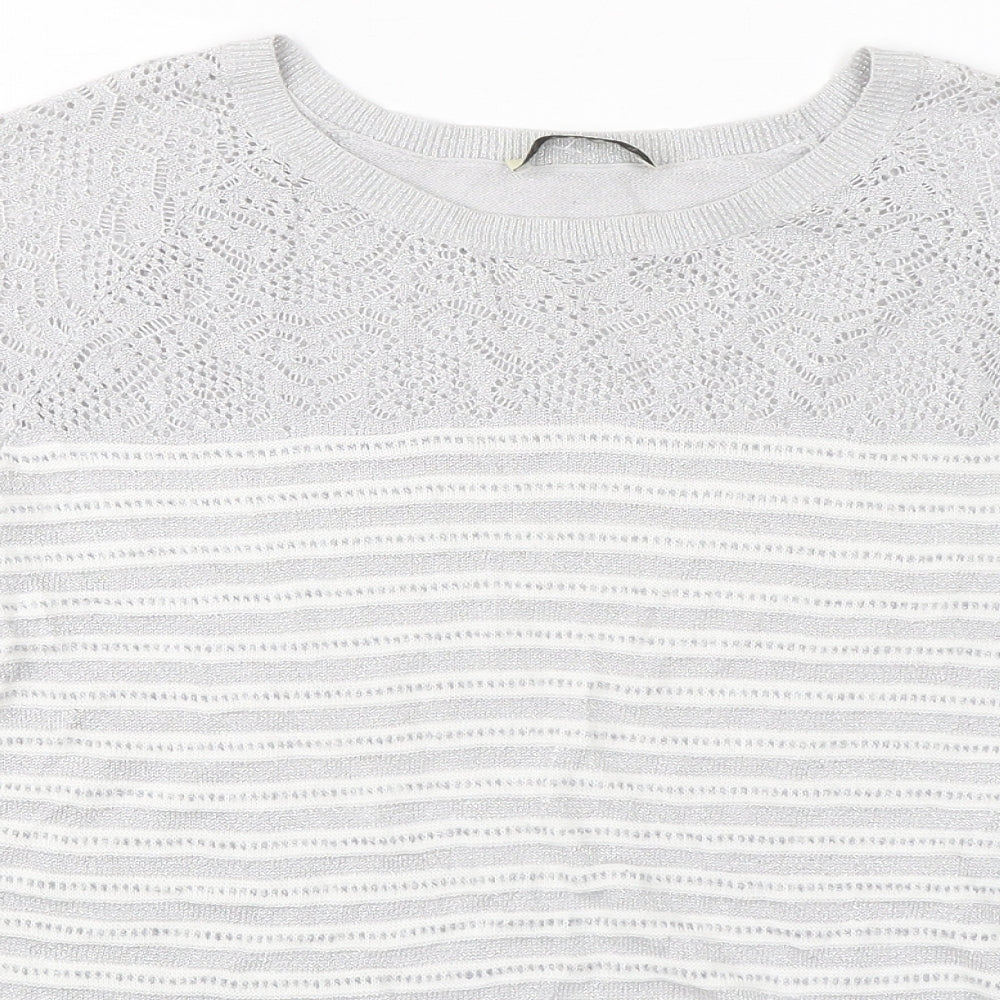 Oasis Womens Grey Round Neck Striped Viscose Pullover Jumper Size M
