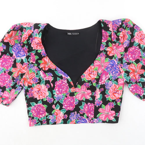 Zara Womens Multicoloured Floral Polyester Cropped Blouse Size M V-Neck
