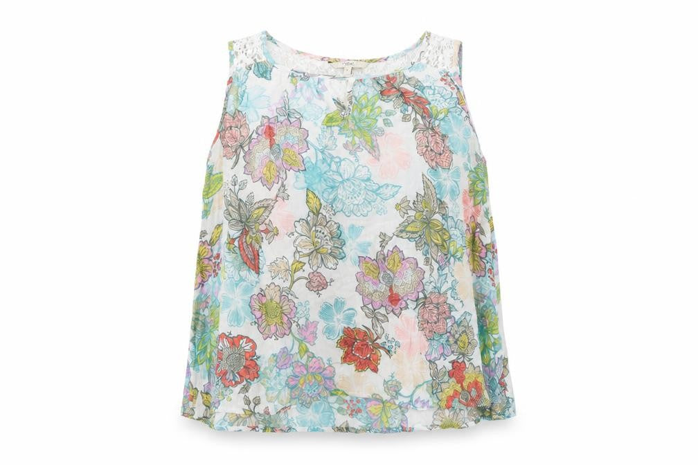 Front view of Next women’s multicoloured floral viscose basic tank, size UK 8, boat neck - crochet detail