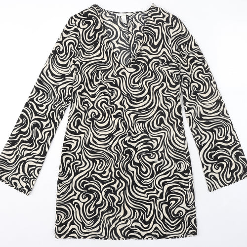 H&M Womens Black Geometric Polyester Shift Size XS V-Neck