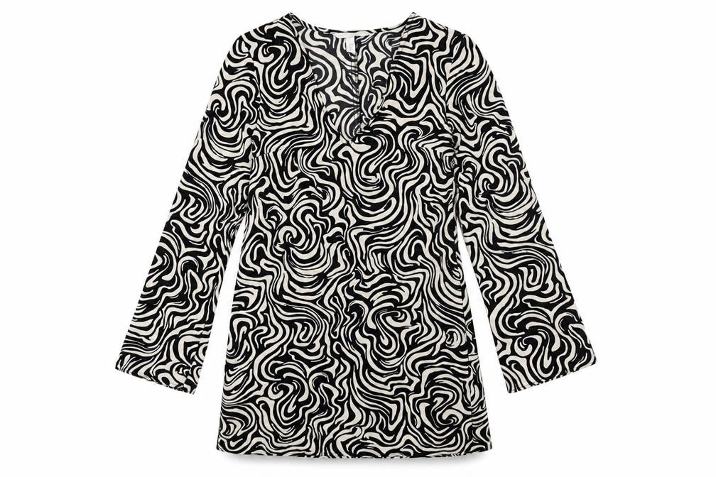 Front view of H&M women’s black geometric polyester shift, size XS, v-neck