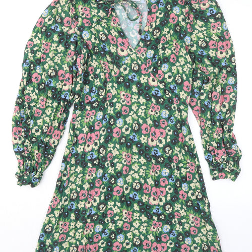 Warehouse Womens Green Floral Viscose A-Line Size 10 V-Neck Lace Up