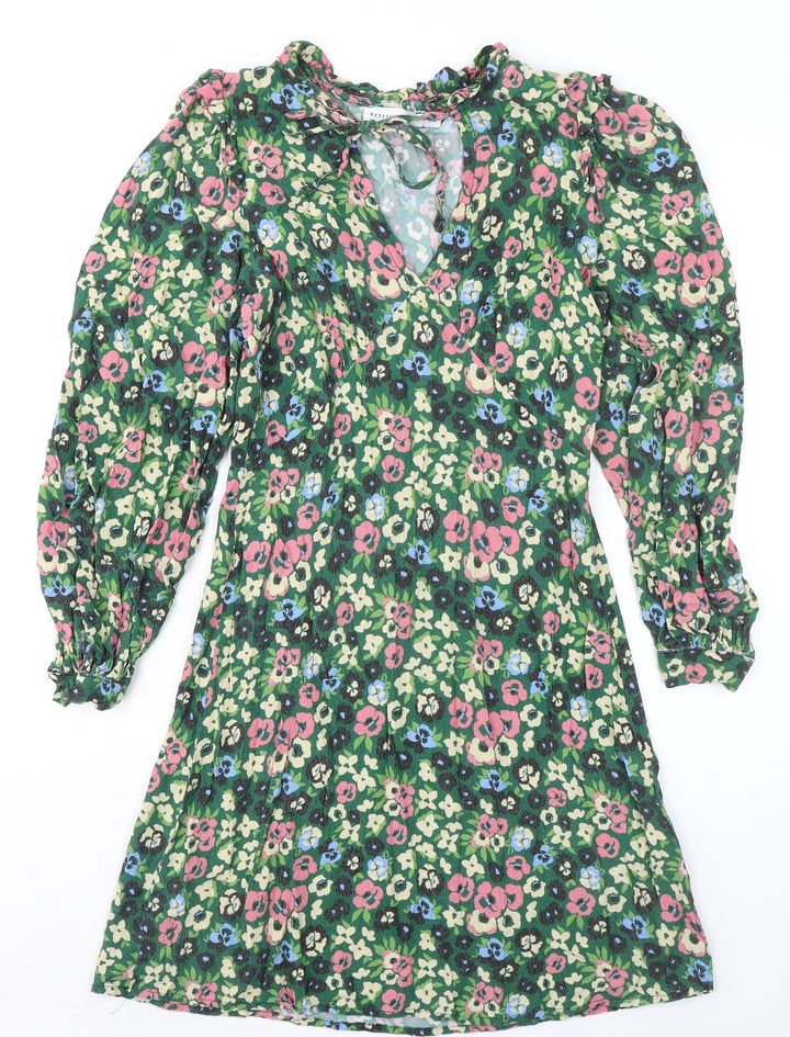 Warehouse Womens Green Floral Viscose A-Line Size 10 V-Neck Lace Up