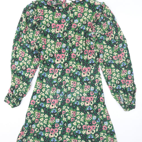 Warehouse Womens Green Floral Viscose A-Line Size 10 V-Neck Lace Up