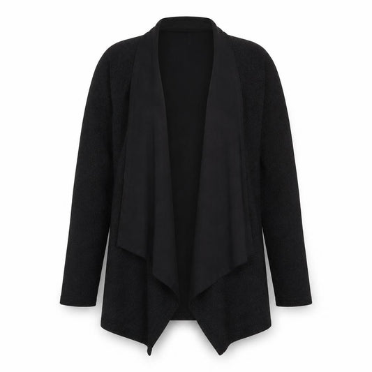 Front view of Episode women’s black v-neck polyester cardigan jumper, size XS