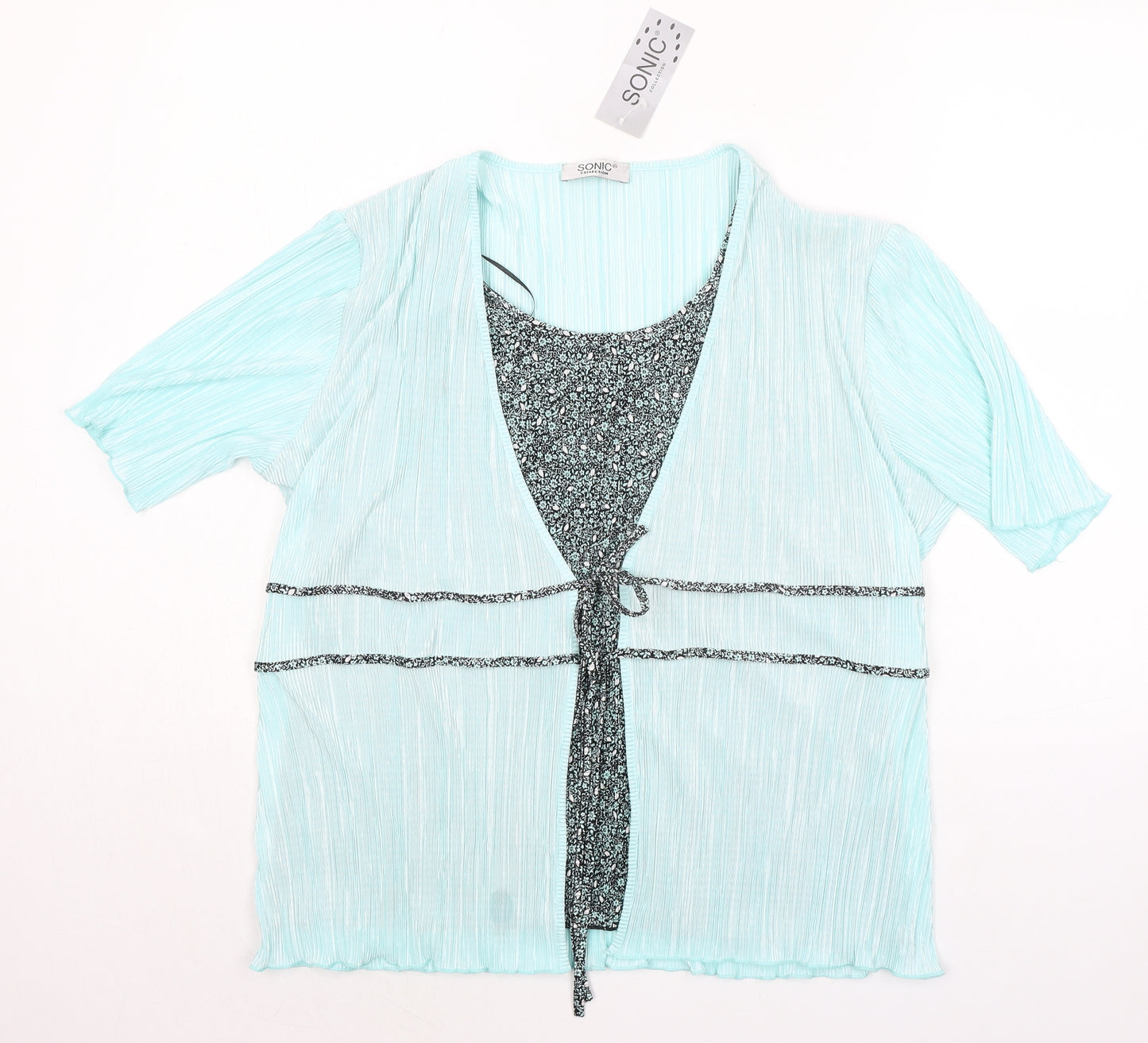 Sonic Womens Green Floral Polyester Basic Blouse Size L Scoop Neck