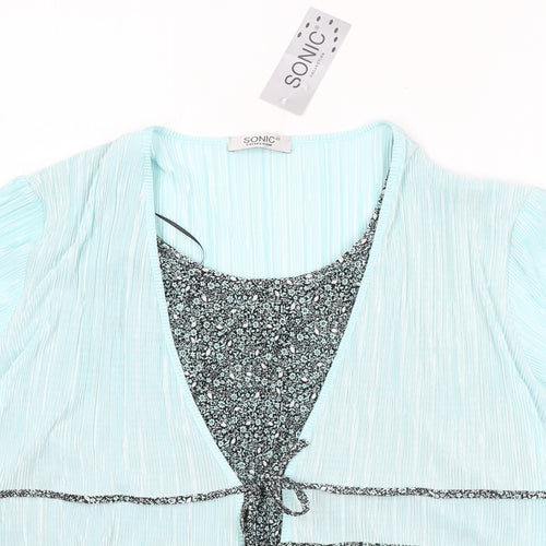 Sonic Womens Green Floral Polyester Basic Blouse Size L Scoop Neck