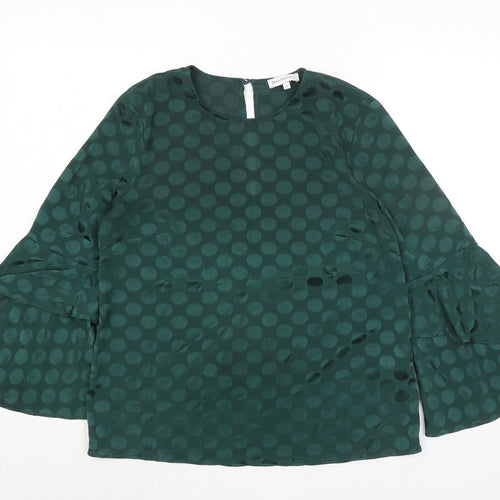 Warehouse Womens Green Polka Dot Polyester Basic Blouse Size 10 Round Neck - Flute Sleeve