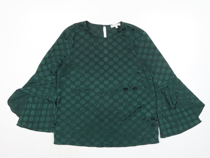 Warehouse Womens Green Polka Dot Polyester Basic Blouse Size 10 Round Neck - Flute Sleeve