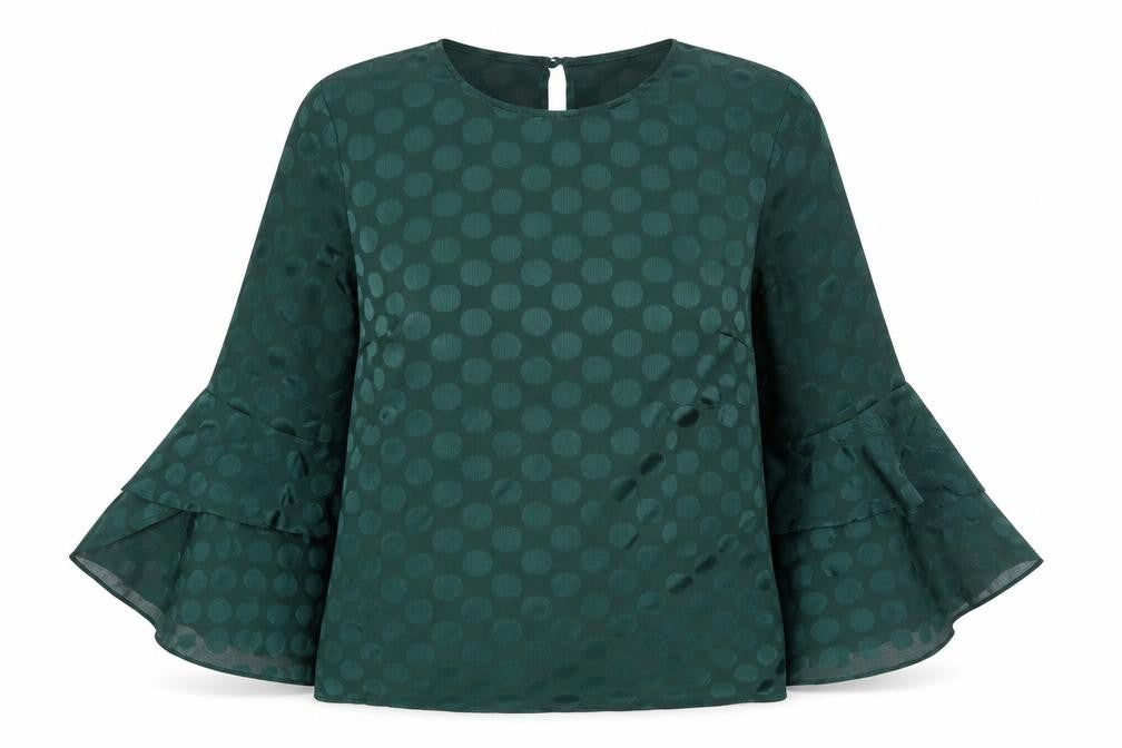 Front view of Warehouse women’s green polka dot polyester basic blouse, size UK 10, round neck - flute sleeve