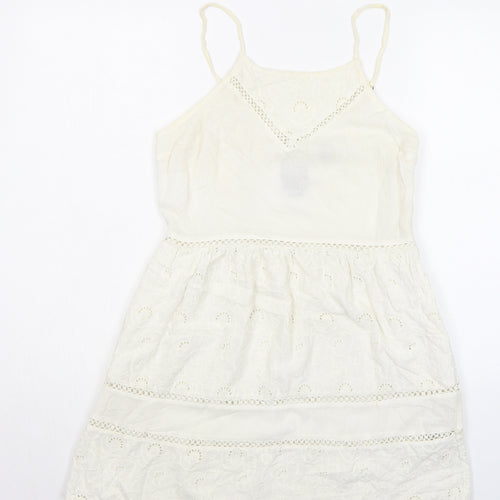 Superdry Womens Ivory Polyester Mini Size 12 Round Neck Zip - Broderie Anglaise Details