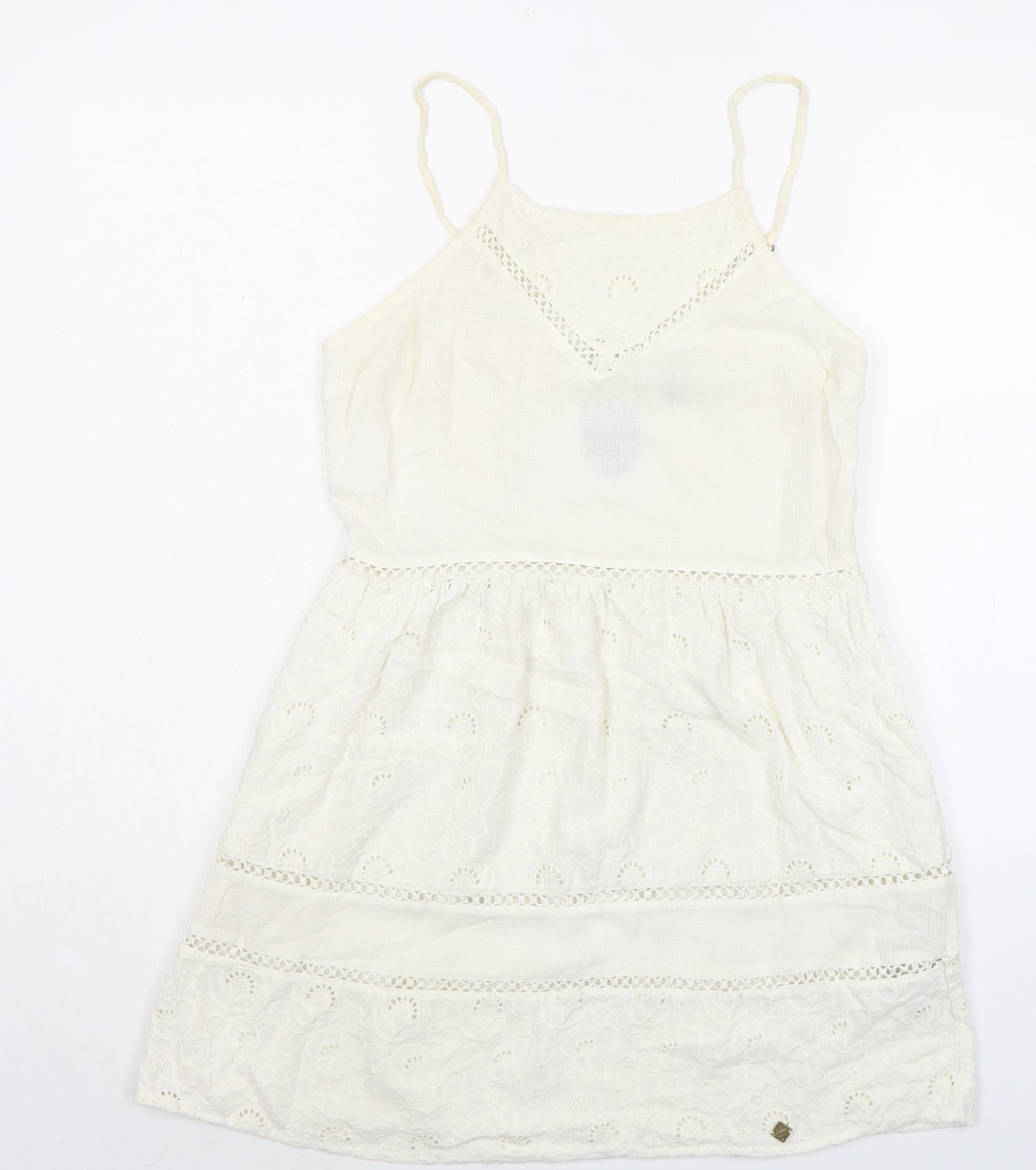 Superdry Womens Ivory Polyester Mini Size 12 Round Neck Zip - Broderie Anglaise Details