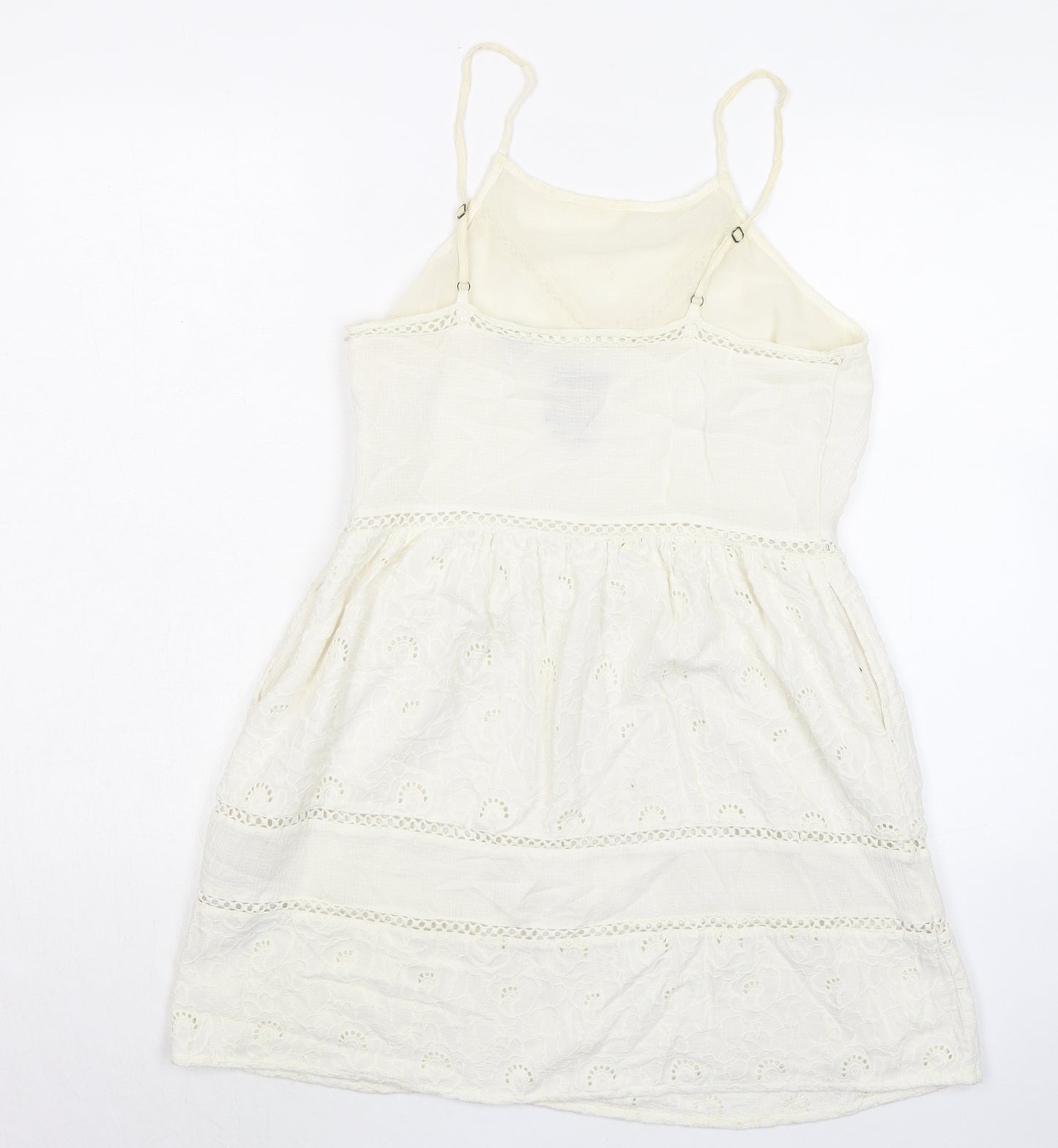 Superdry Womens Ivory Polyester Mini Size 12 Round Neck Zip - Broderie Anglaise Details