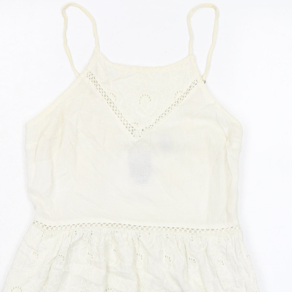 Superdry Womens Ivory Polyester Mini Size 12 Round Neck Zip - Broderie Anglaise Details