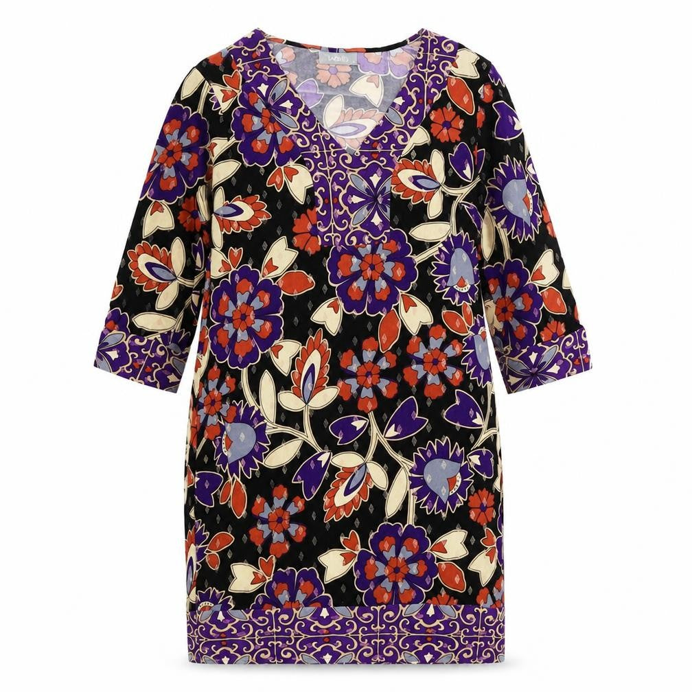 Front view of Wallis women’s black geometric polyester shift, size UK 10, v-neck