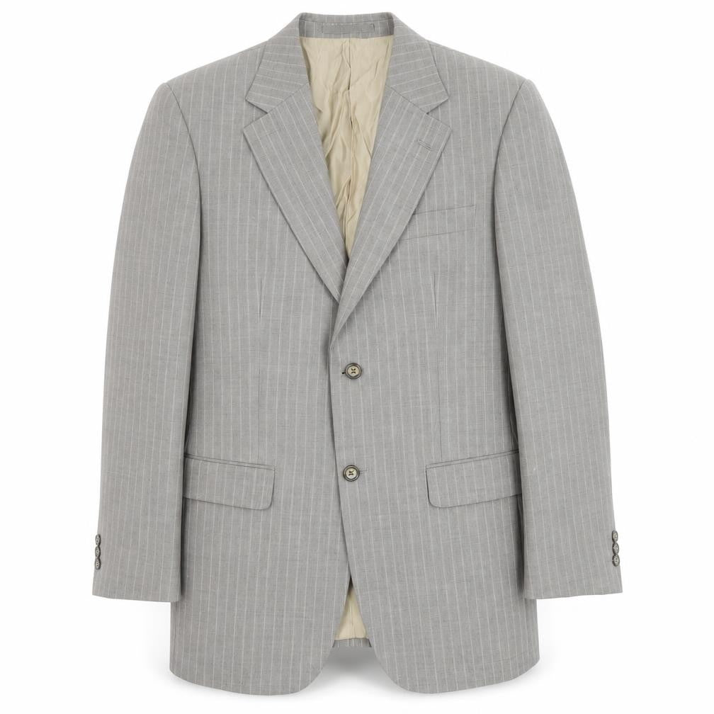 Front view of Brook Taverner men’s beige striped polyester jacket suit jacket, size 38, regular