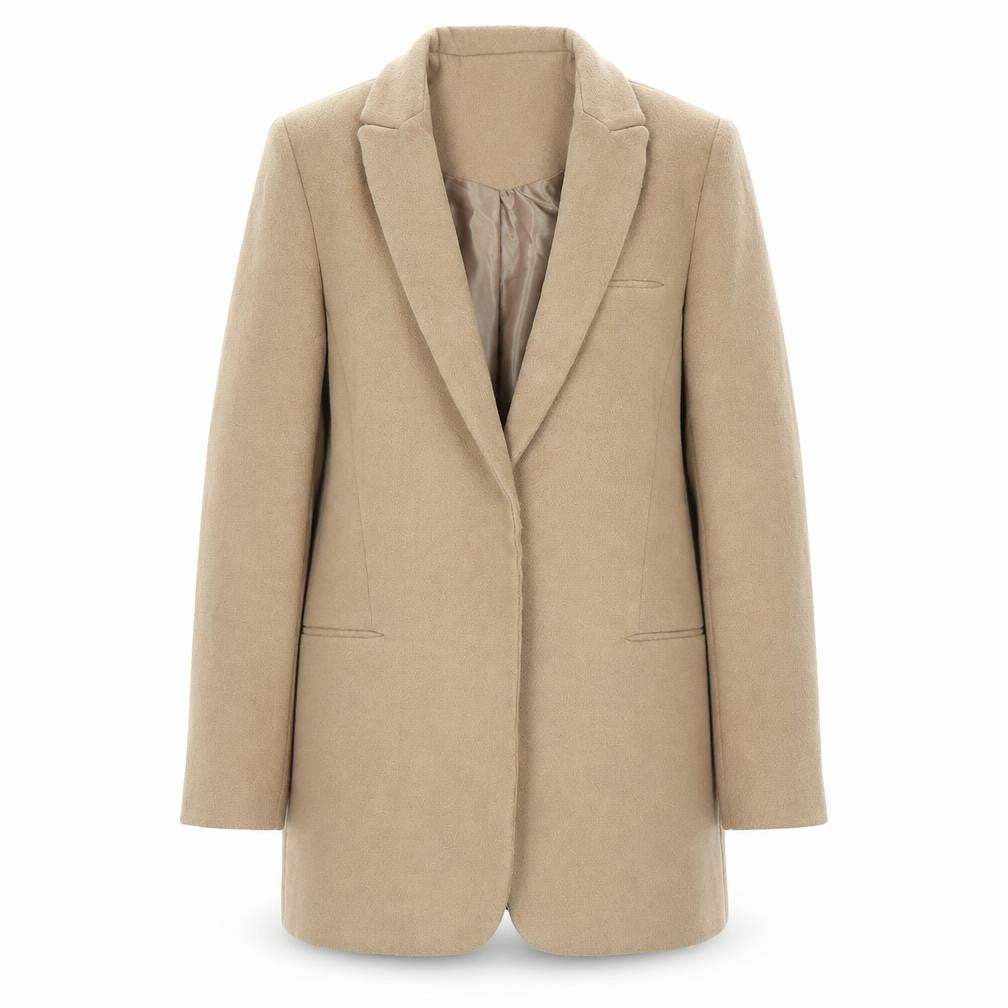 Front view of Zara women’s beige overcoat coat, size XS, snap