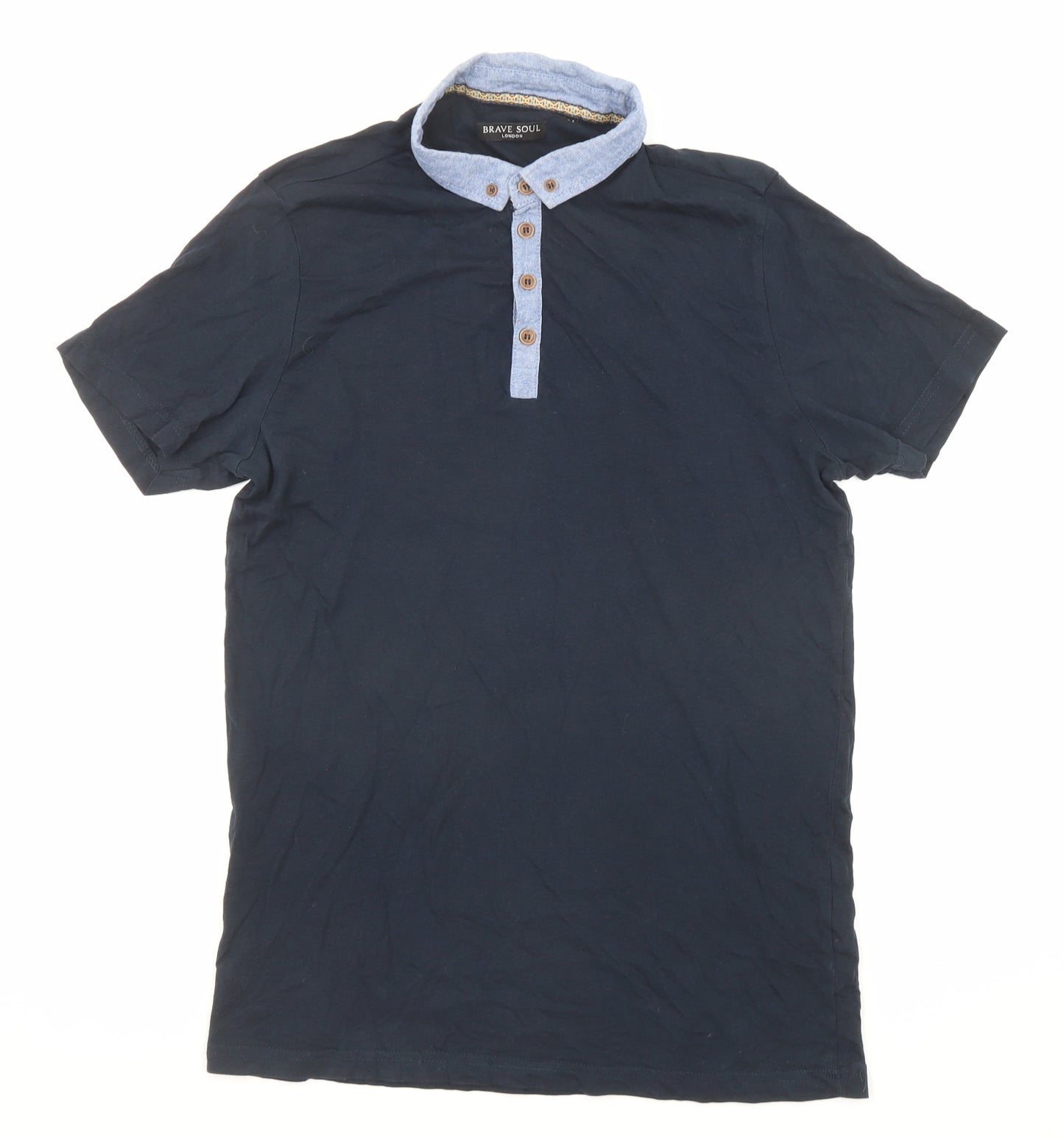 Brave Soul Mens Blue Cotton Polo Size M Collared Button