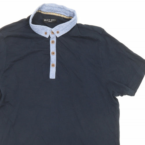 Brave Soul Mens Blue Cotton Polo Size M Collared Button