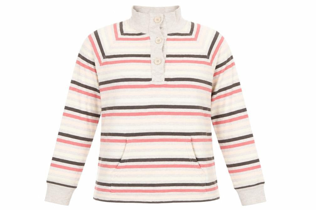 Front view of Next women’s multicoloured striped polyester pullover sweatshirt, size UK 8, button