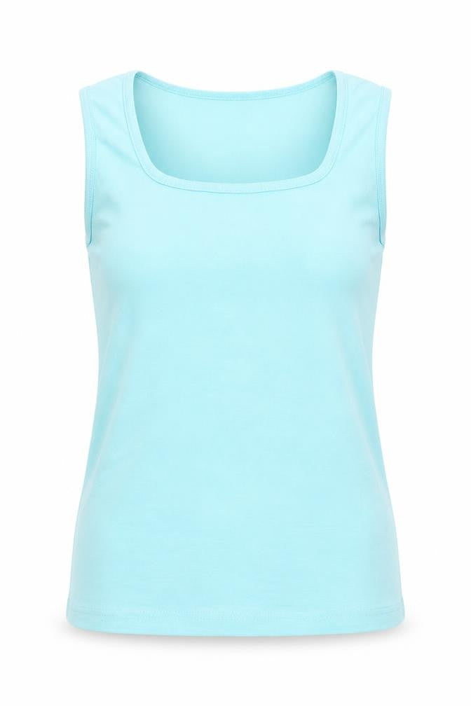 Front view of Emreco women’s blue cotton basic tank, size UK 12, scoop neck