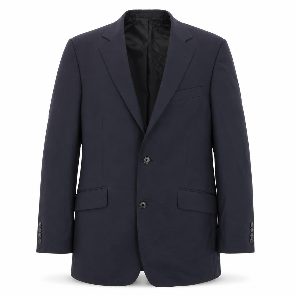 Front view of Terry de Havilland men’s blue polyester jacket suit jacket, size 38, regular