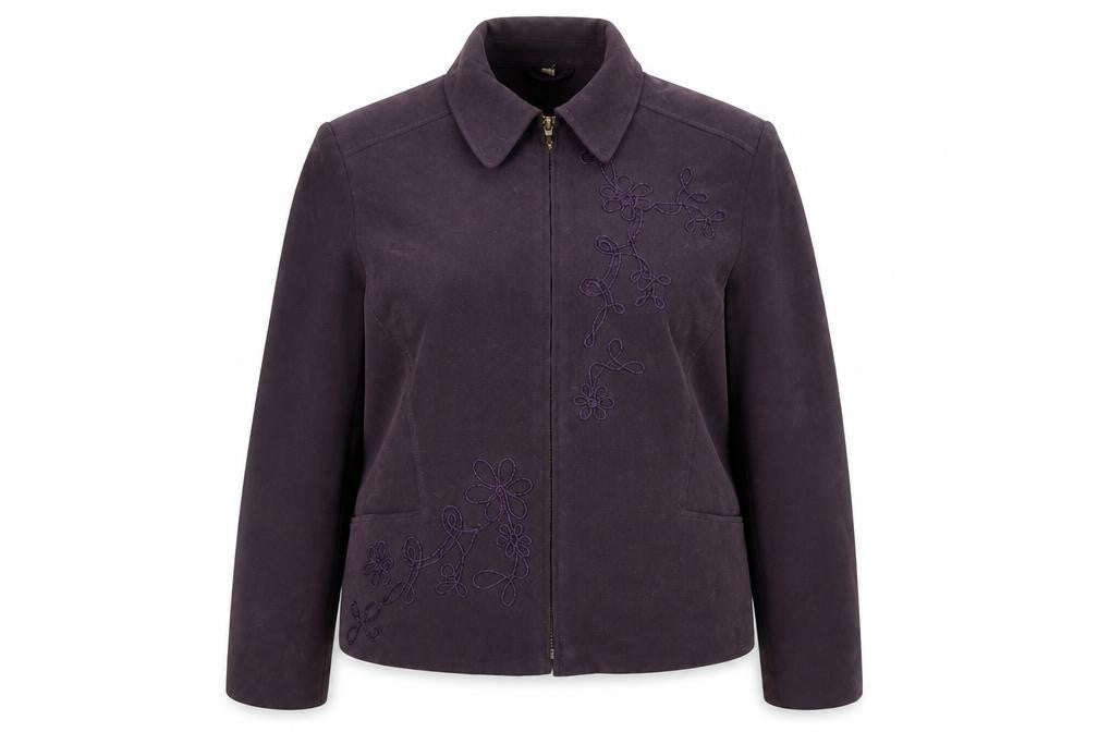 Front view of EWM women’s purple jacket, size UK 16, zip