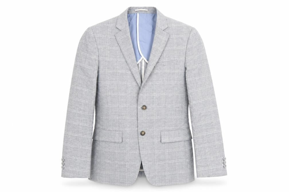 Front view of River Island men’s grey plaid polyester jacket suit jacket, size 40, regular