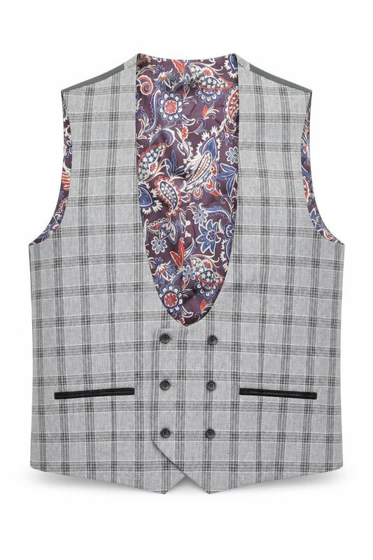 Front view of Next men’s grey plaid polyester jacket suit waistcoat, size 42, regular
