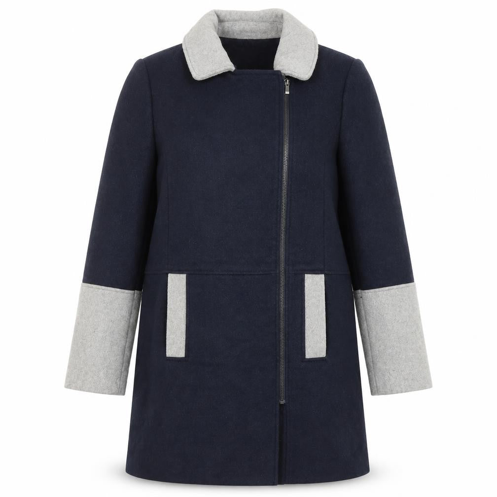 Front view of Next women’s blue overcoat coat, size UK 12, zip
