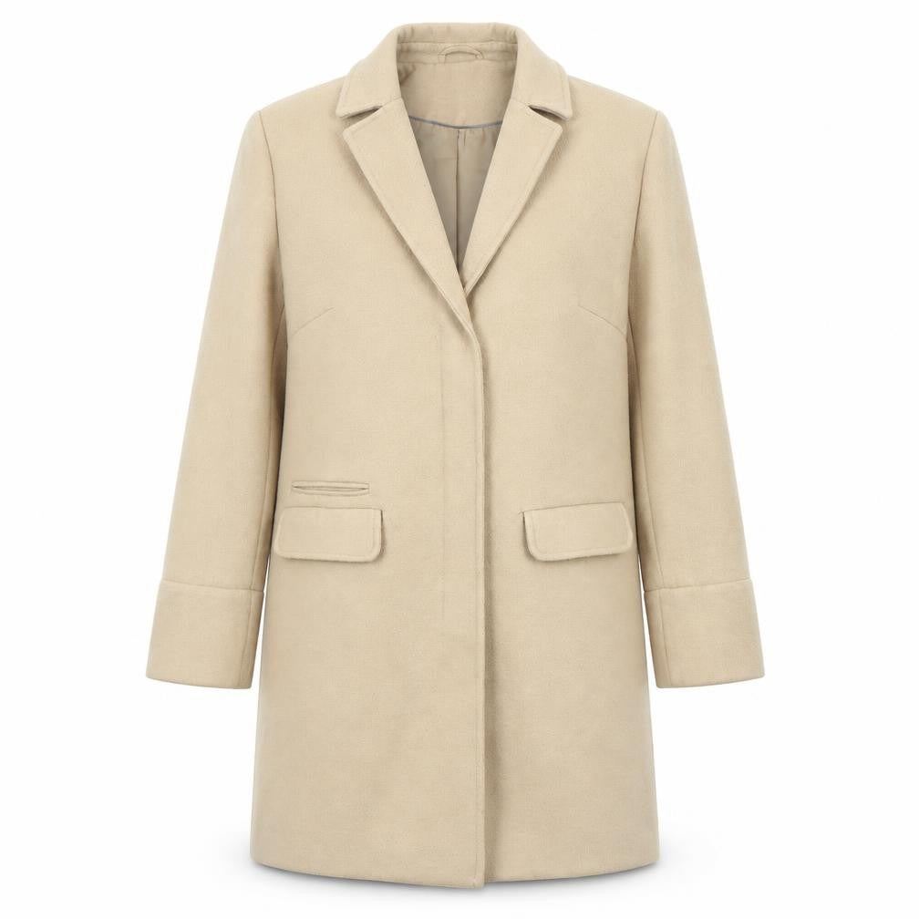 Front view of Topshop women’s beige overcoat coat, size UK 10, button